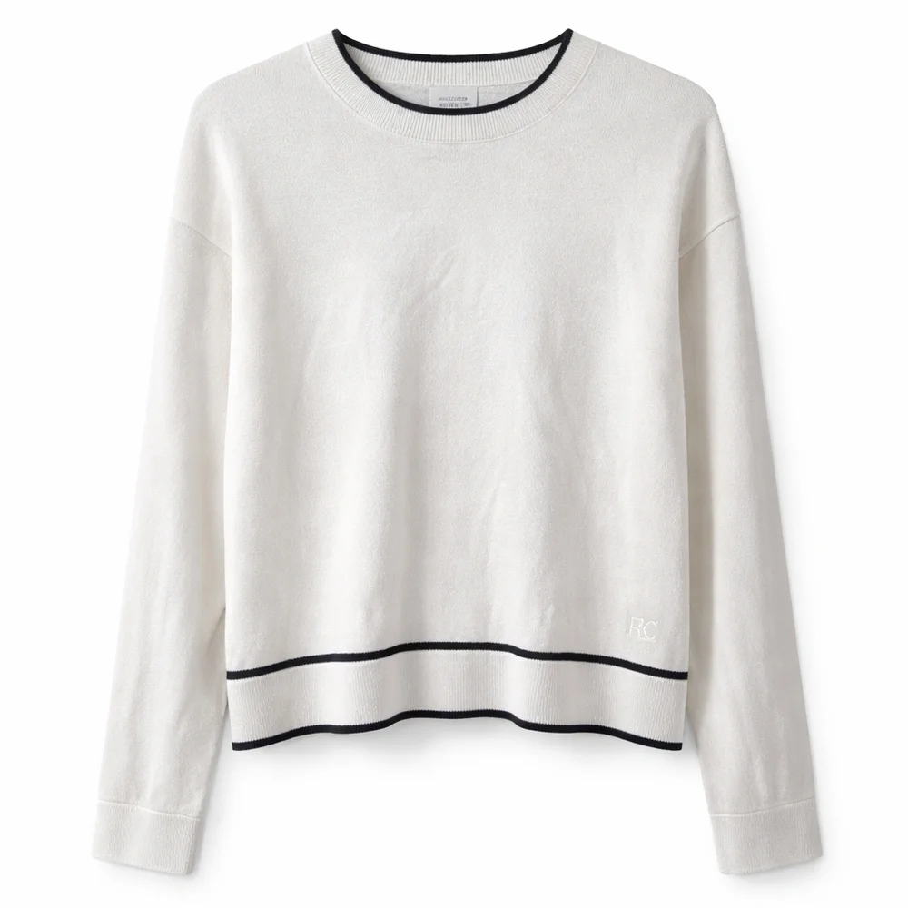 Calvin Klein Cream White Crewneck Sweater Black Contrast Trim 100% Cotton Sz Xl - Picture 2 of 8
